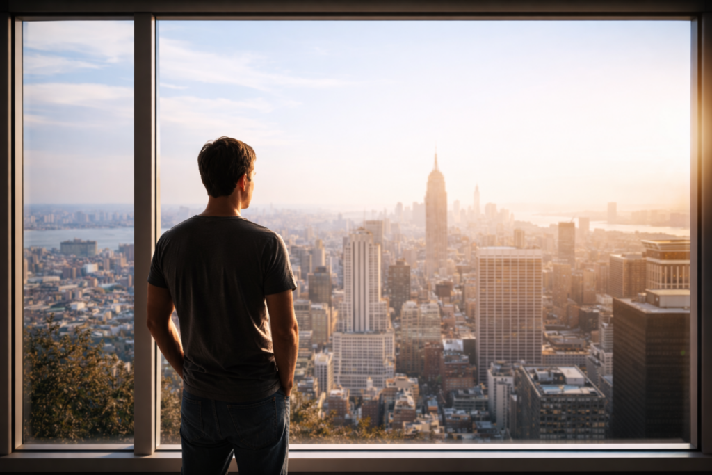 Pessoa observando uma grande cidade, representando sistemas sociais e culturais herdados antes do indivíduo existir.
