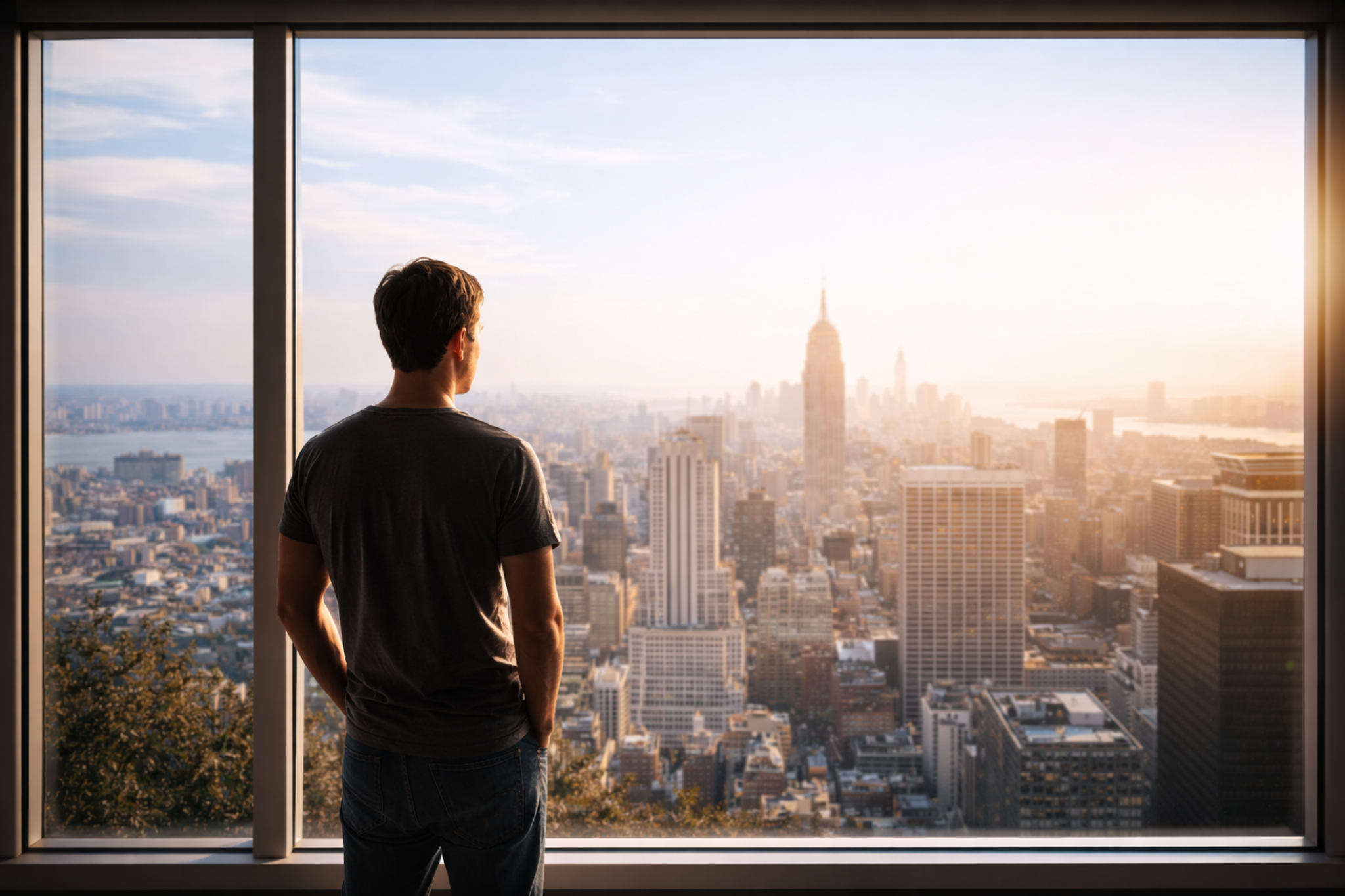Pessoa observando uma grande cidade, representando sistemas sociais e culturais herdados antes do indivíduo existir.
