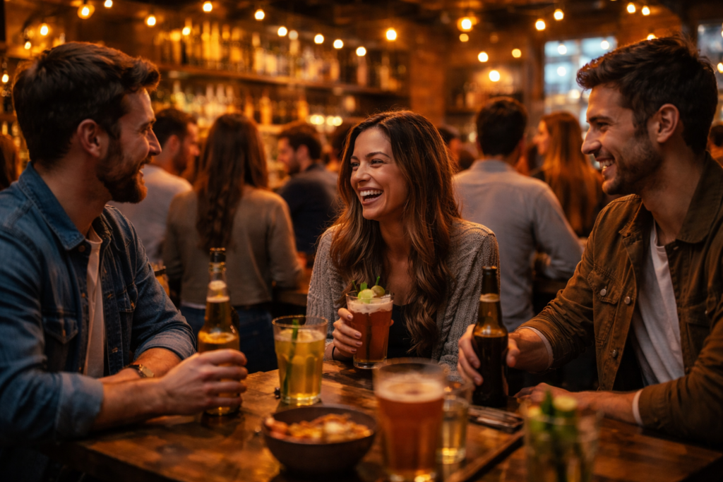 Grupo de amigos reunidos em um bar, conversando e sorrindo ao redor de uma mesa com bebidas, em ambiente noturno iluminado, simbolizando influências culturais, socialização e a forma como desejos e escolhas são moldados pelo convívio coletivo.