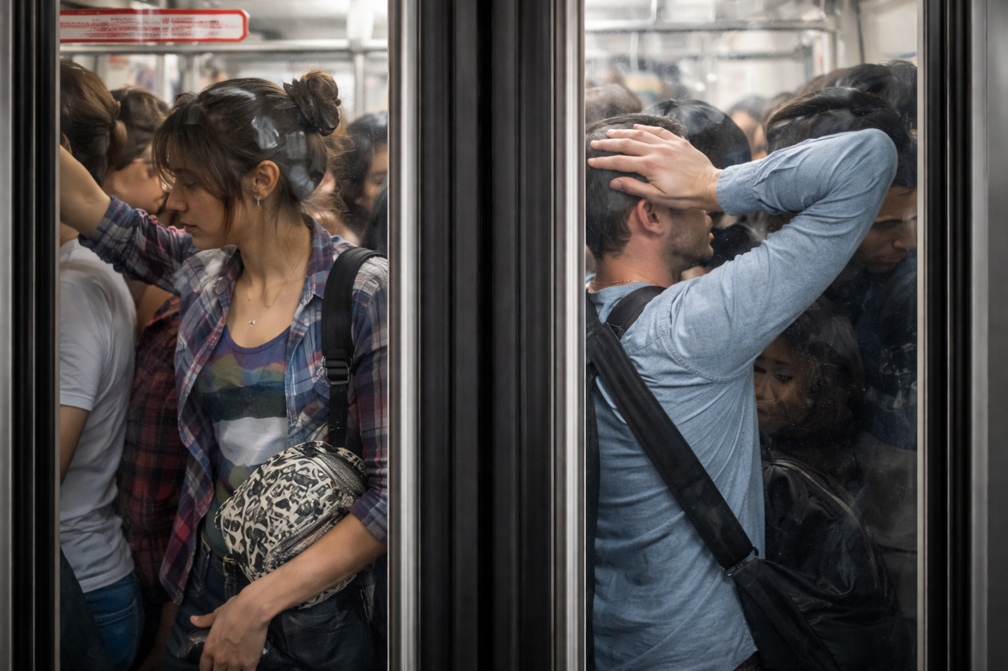 Pessoas comprimidas dentro de um transporte público lotado, simbolizando o sofrimento naturalizado pelo sistema como parte da vida cotidiana.
