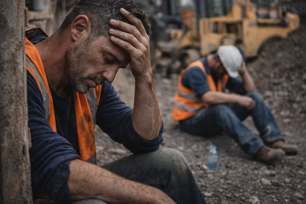 Dois trabalhadores da construção civil sentados no chão em expressão de cansaço e desgaste físico após atividade pesada.