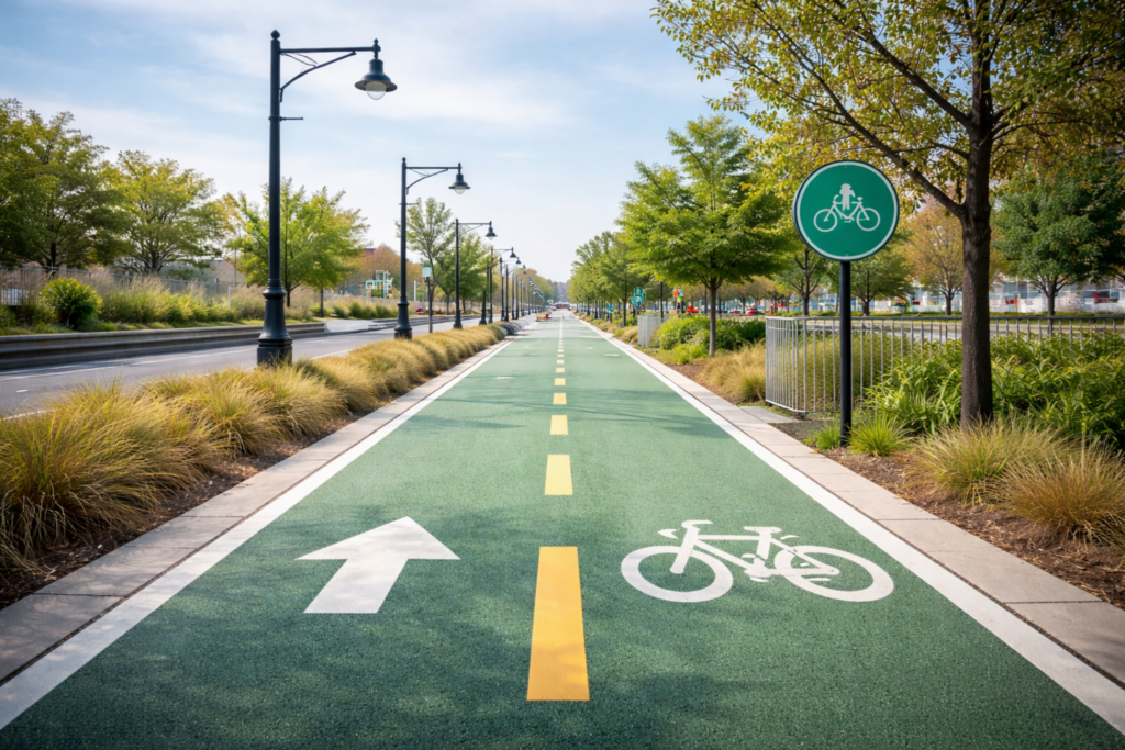 Ciclovia sinalizada com caminho delimitado, representando a liberdade que existe dentro de limites permitidos e contornos invisíveis.