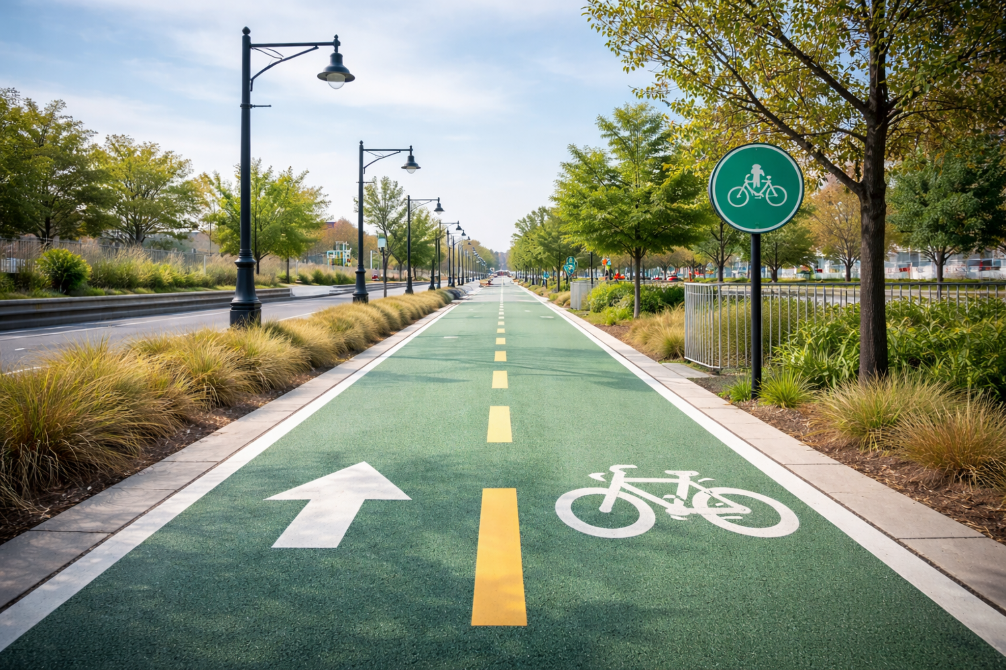 Ciclovia sinalizada com caminho delimitado, representando a liberdade que existe dentro de limites permitidos e contornos invisíveis.