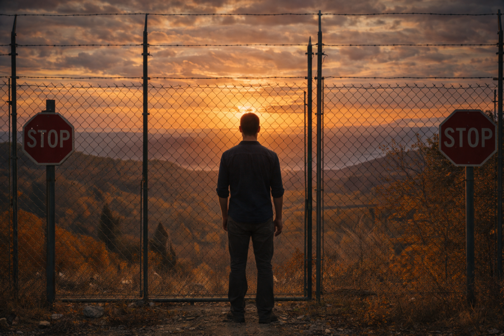 homem de costas observa o pôr do sol diante de um portão cercado por grades e arame farpado, com placas de stop nas laterais indicando limite e restrição de passagem.