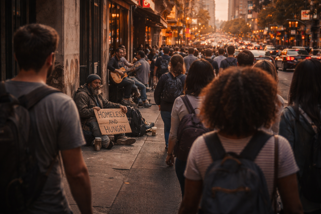 Cena urbana movimentada com pessoas caminhando por uma calçada enquanto, à margem do fluxo, um homem em situação de rua segura um cartaz pedindo ajuda, evidenciando como diferentes trajetórias coexistem no mesmo espaço e como toda experiência humana está inserida em um contexto social maior.