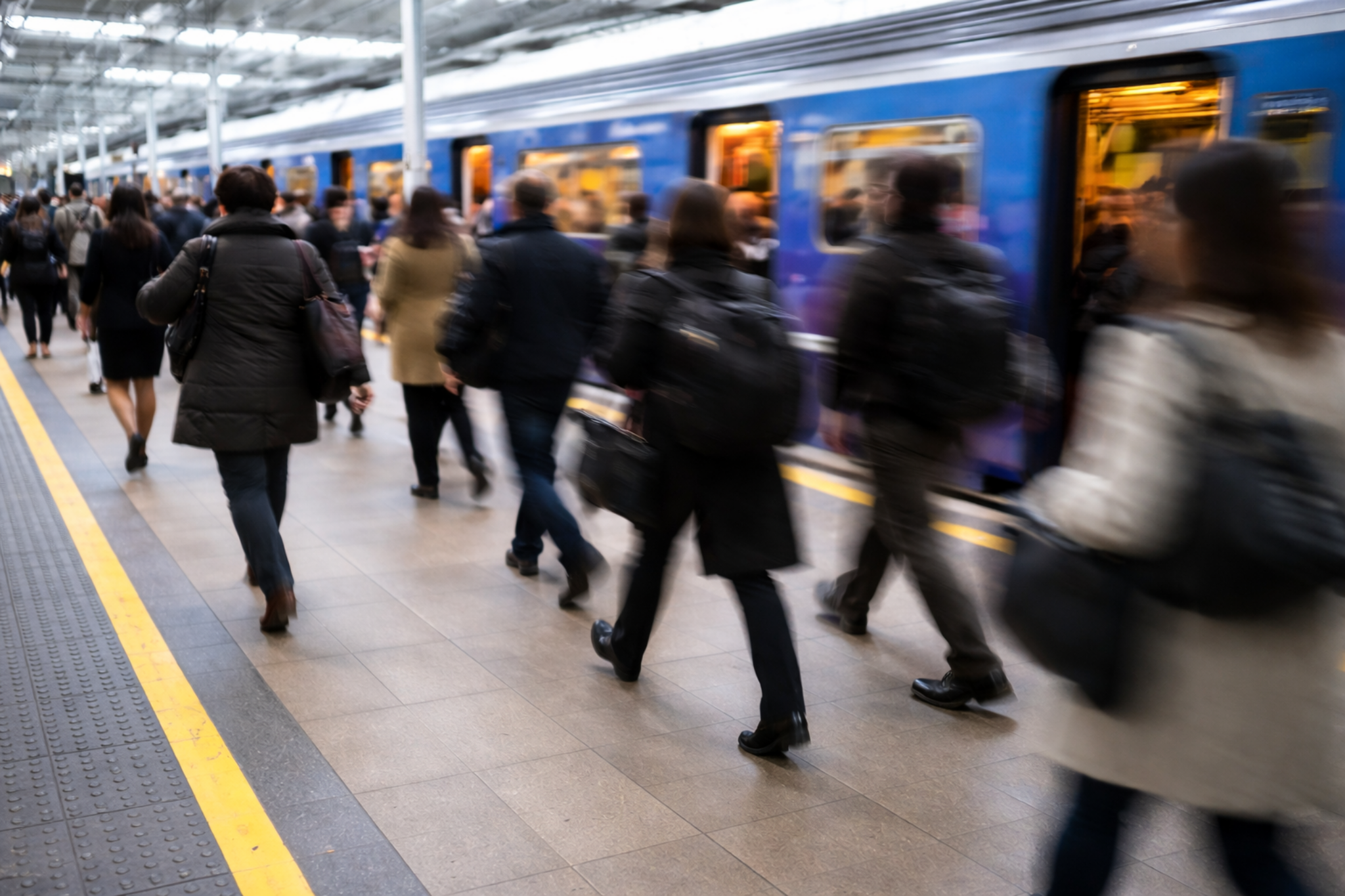 Pessoas caminhando apressadas em plataforma de metrô, simbolizando rotina acelerada, deslocamento diário e desgaste da vida de trabalho.