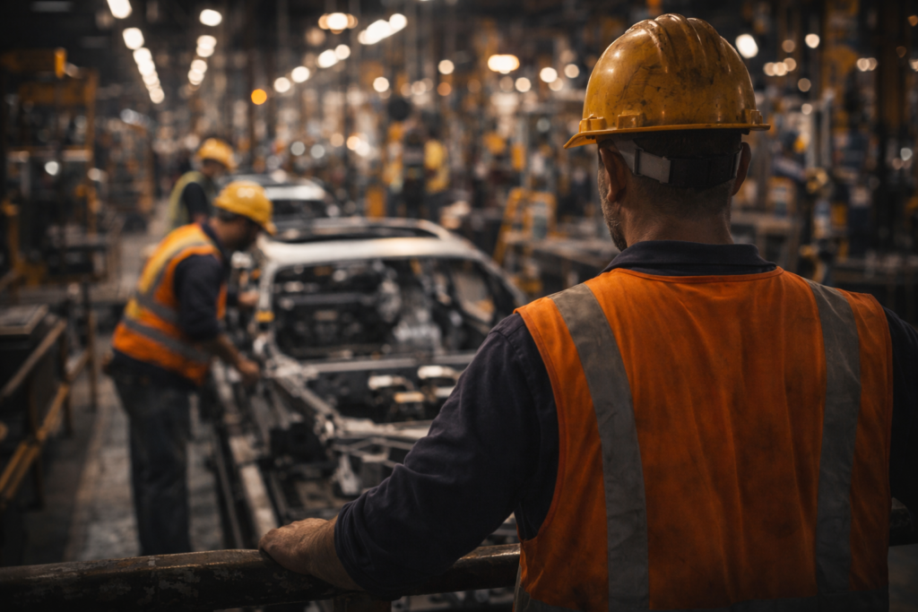 Trabalhadores em linha de montagem industrial usando capacetes e equipamentos de segurança, em ambiente de fábrica com iluminação artificial, representando rotina produtiva e esforço físico no trabalho.