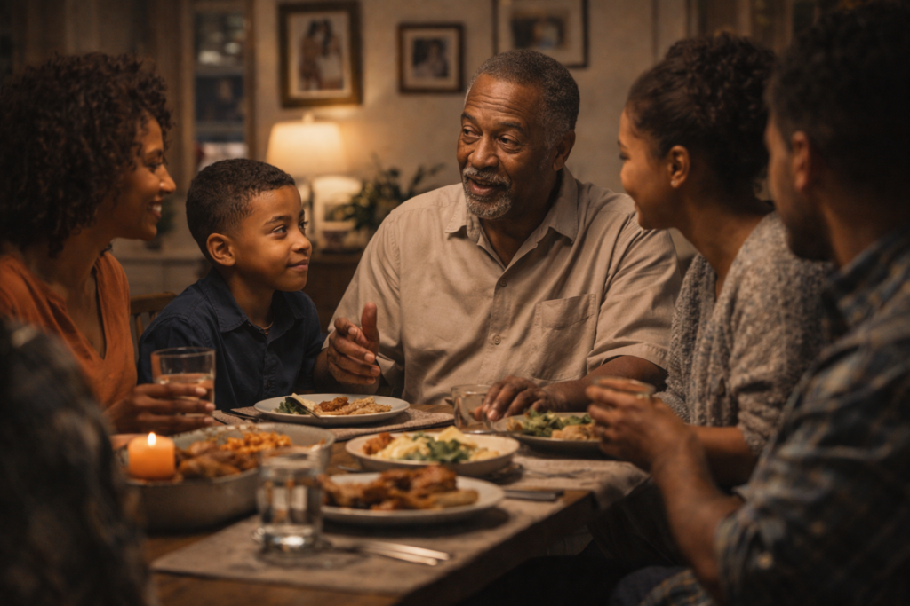 Família reunida à mesa de jantar enquanto um senhor mais velho conversa com o neto, cercado por adultos atentos, simbolizando a transmissão de valores, exemplos e aprendizados que influenciam e moldam trajetórias ao longo das gerações.