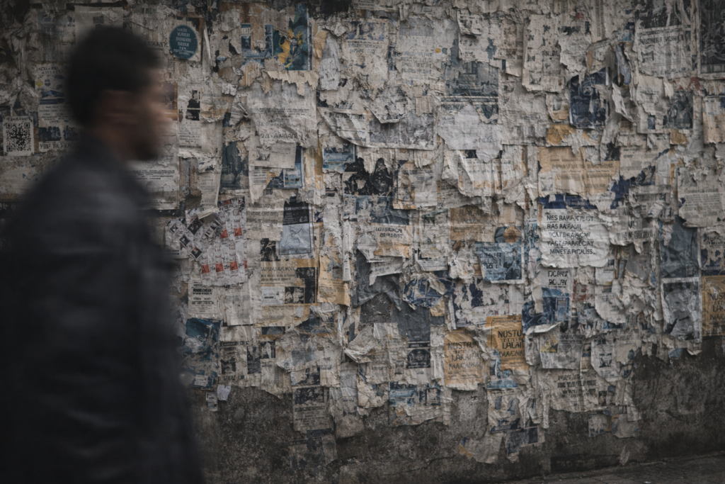 Homem passando diante de um muro coberto de cartazes rasgados, simbolizando inscrições culturais deixadas por vidas comuns.