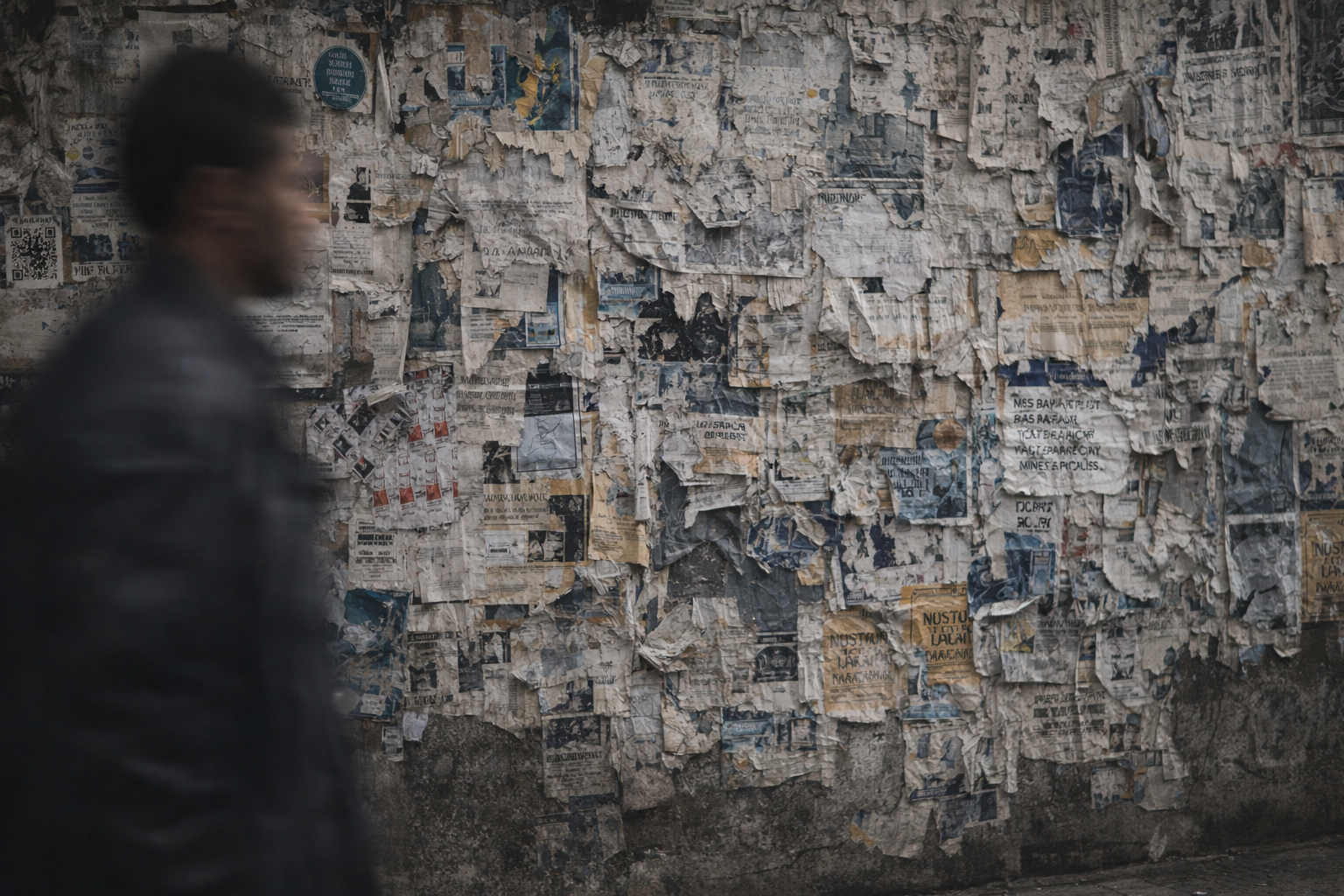 Homem passando diante de um muro coberto de cartazes rasgados, simbolizando inscrições culturais deixadas por vidas comuns.