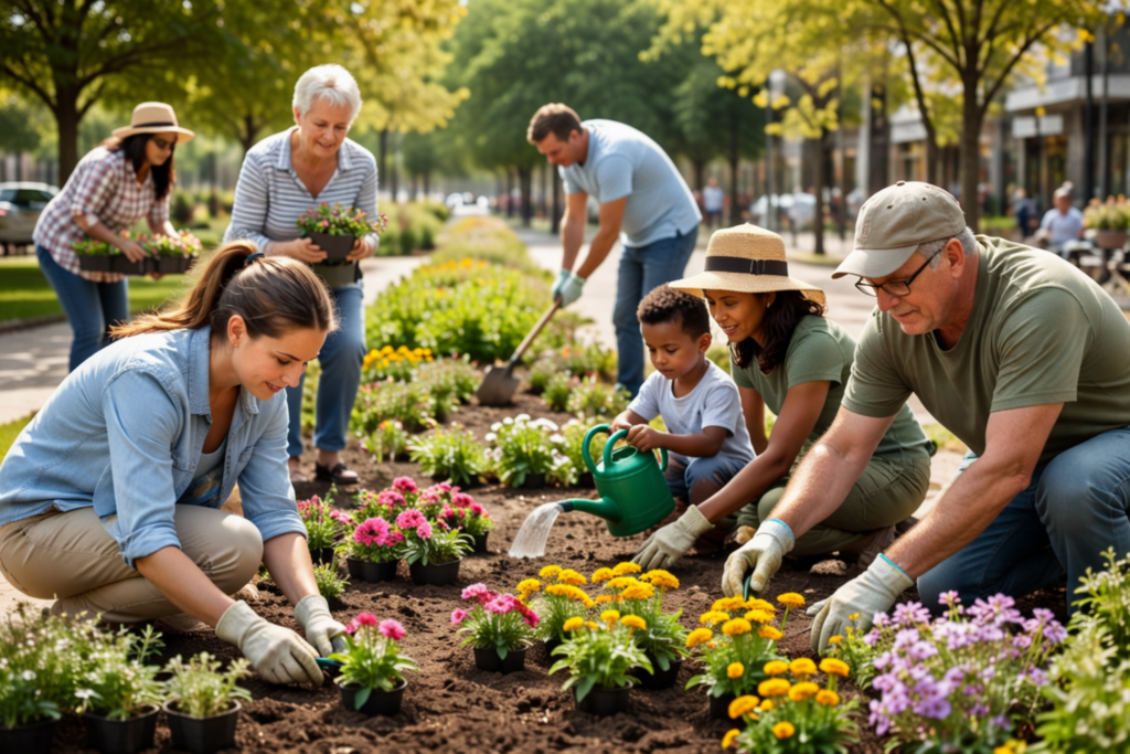 Pessoas trabalhando em jardim comunitário, simbolizando rotinas sociais que parecem neutras, mas influenciam comportamentos e relações.