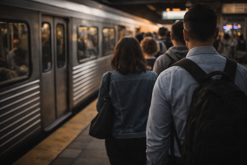 Pessoas aguardando na plataforma de metrô no fim do dia, em fila para embarcar, representando rotinas urbanas aparentemente neutras que moldam silenciosamente a experiência coletiva.