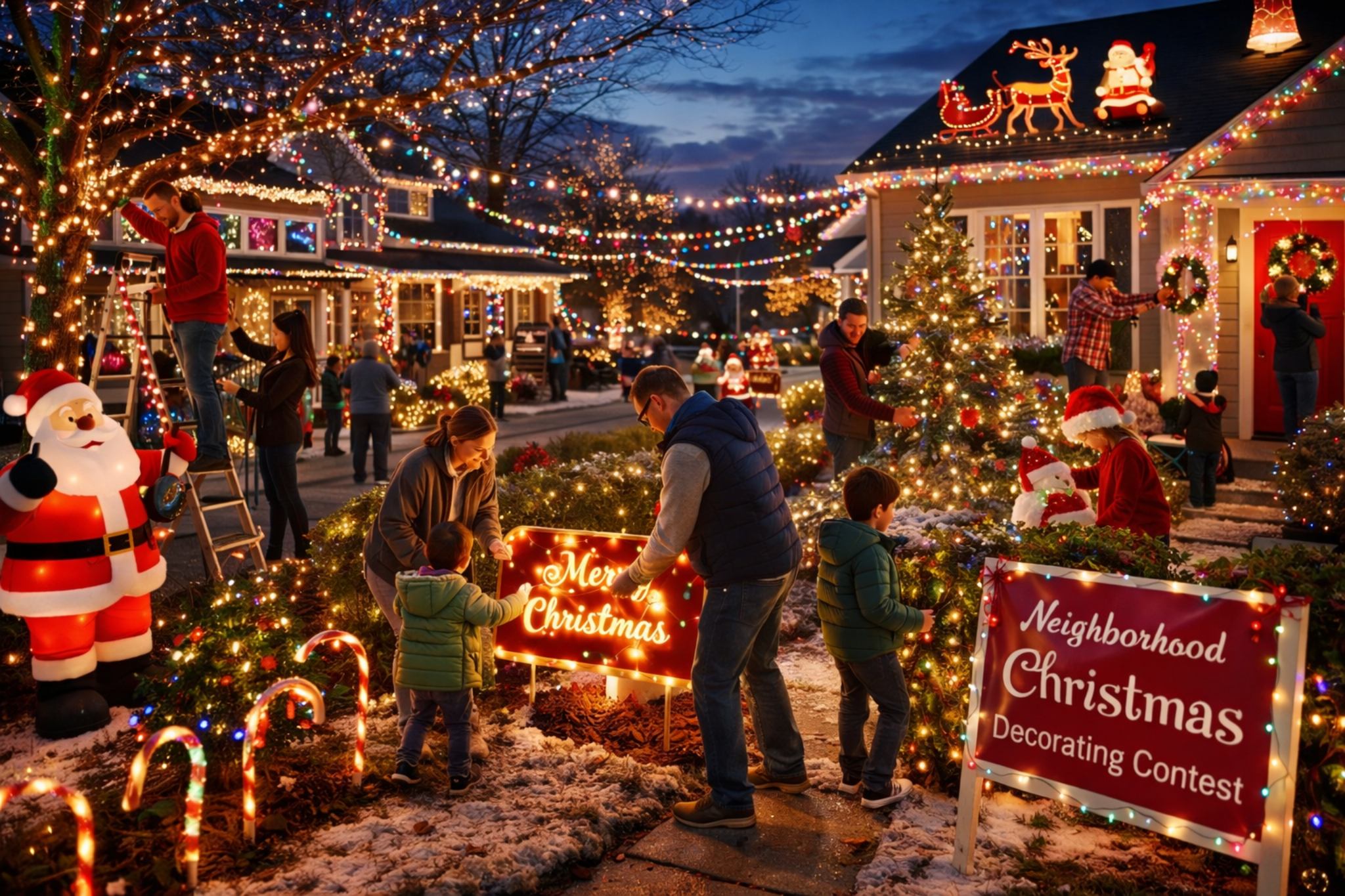 Pessoas decorando casas em rua iluminada para o Natal, simbolizando expectativas coletivas que orientam decisões e comportamentos cotidianos.