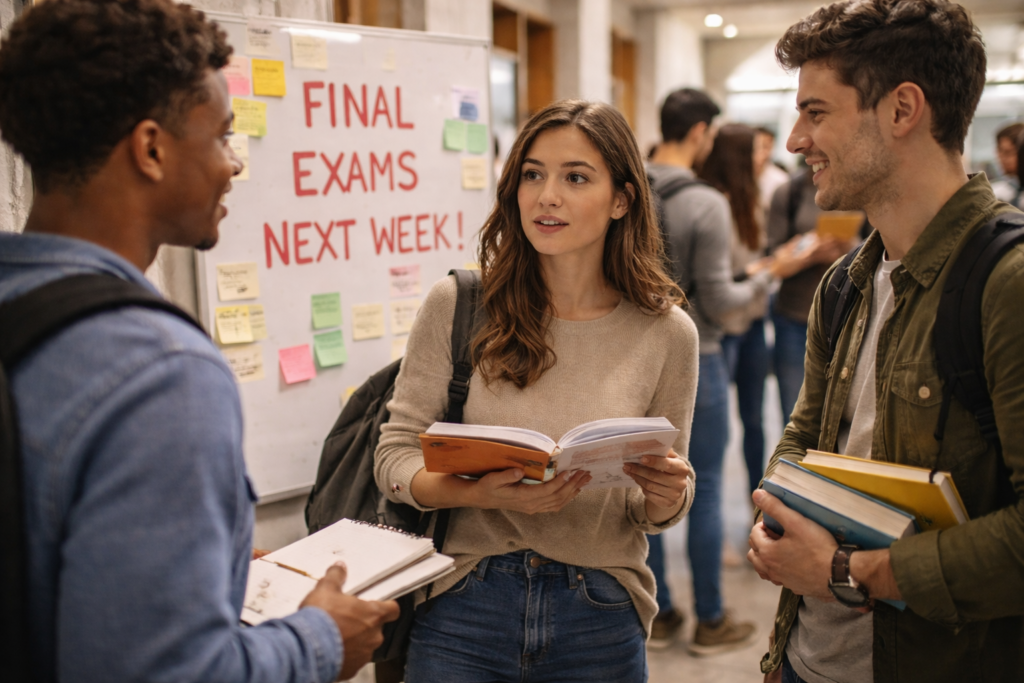 Três jovens estudantes conversando em um corredor universitário diante de um quadro de avisos com a frase “Final Exams Next Week”, segurando livros e cadernos, simbolizando expectativas coletivas e pressões sociais que influenciam escolhas e decisões cotidianas.