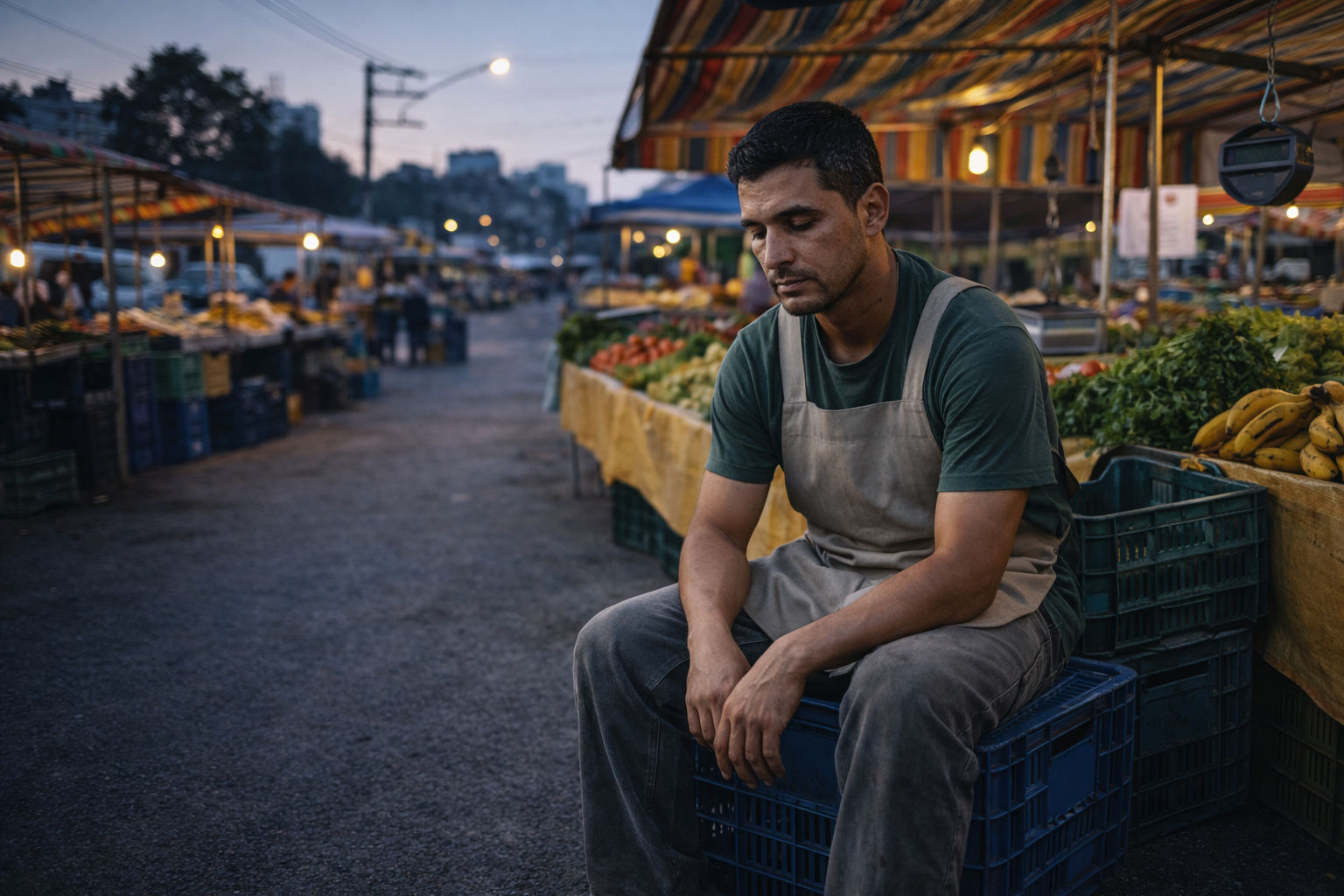 Homem sentado sozinho em uma banca de feira ao entardecer, com expressão cansada e introspectiva, enquanto o movimento ao redor continua normalmente.