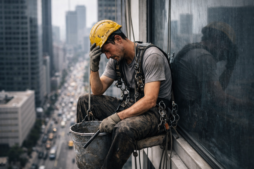 Homem com capacete de obra sentado em altura na fachada de um prédio, com expressão de cansaço e mão na cabeça, simbolizando desgaste físico e limite do corpo diante do trabalho.