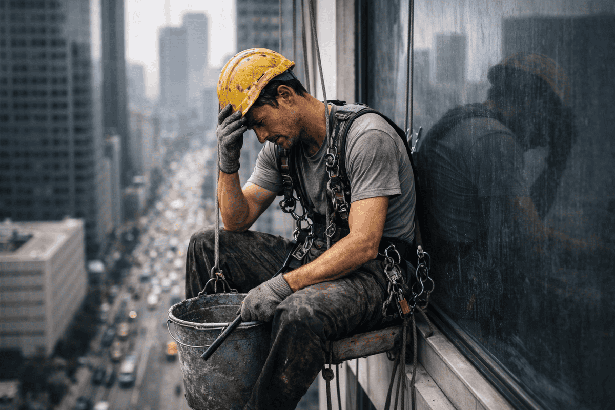 Trabalhador com capacete sentado na lateral de edifício usando equipamentos de segurança.