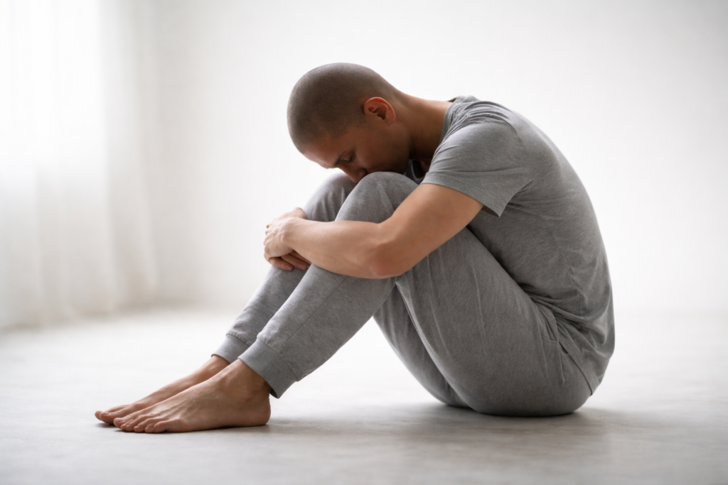 Homem sentado no chão em postura retraída, simbolizando cansaço emocional, introspecção e desgaste psicológico.