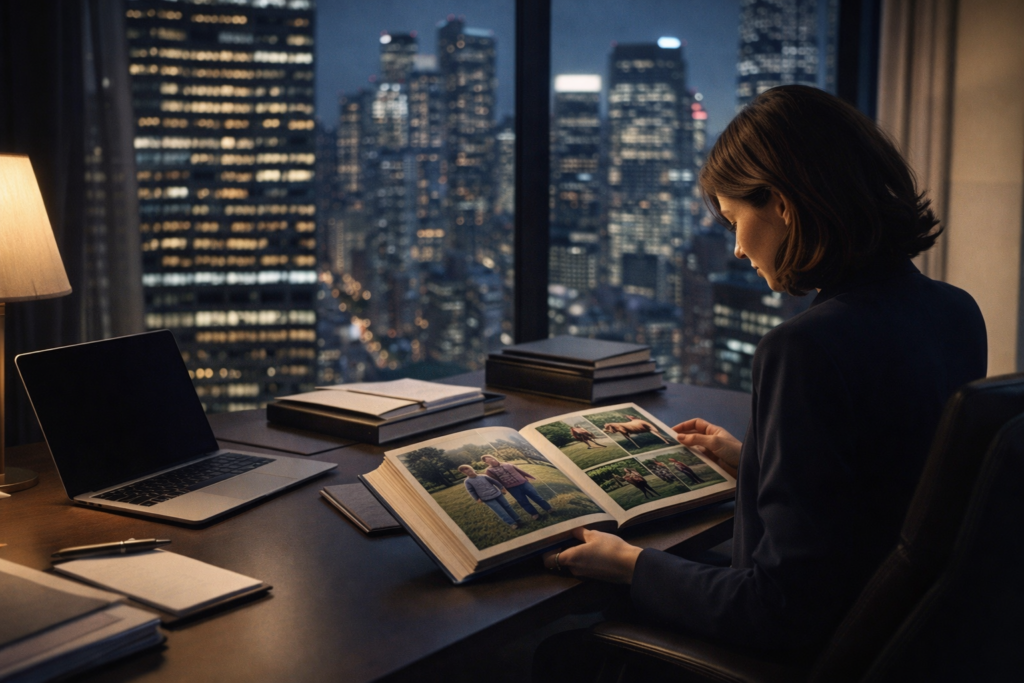 Mulher sentada à mesa em escritório à noite, folheando um álbum de fotografias pessoais diante de uma janela com vista para prédios iluminados, simbolizando memória, identidade e reflexão sobre o passado.