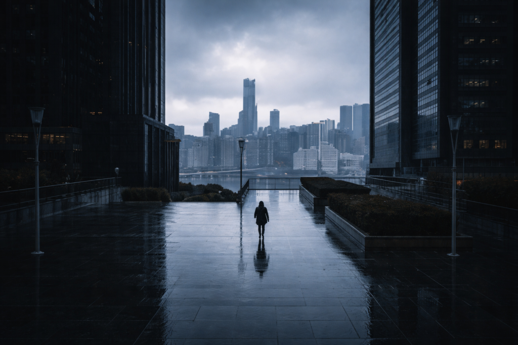 Pessoa caminhando sozinha em espaço urbano após chuva, representando reflexão, consciência e reorganização da própria vida.