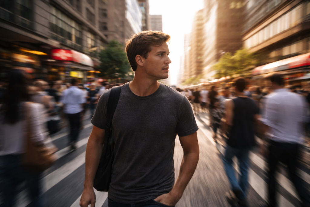 Homem caminhando em rua movimentada com pessoas desfocadas ao fundo, simbolizando a ampliação da consciência em meio ao cotidiano.