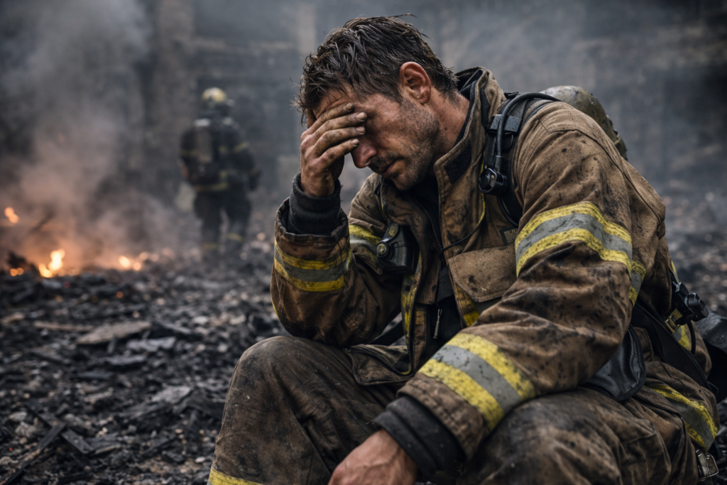 Bombeiro sentado em meio a destroços e fumaça, com expressão de exaustão e mão no rosto, enquanto ao fundo outro profissional continua trabalhando, simbolizando como a dor e o cansaço convivem com a necessidade de seguir em frente.