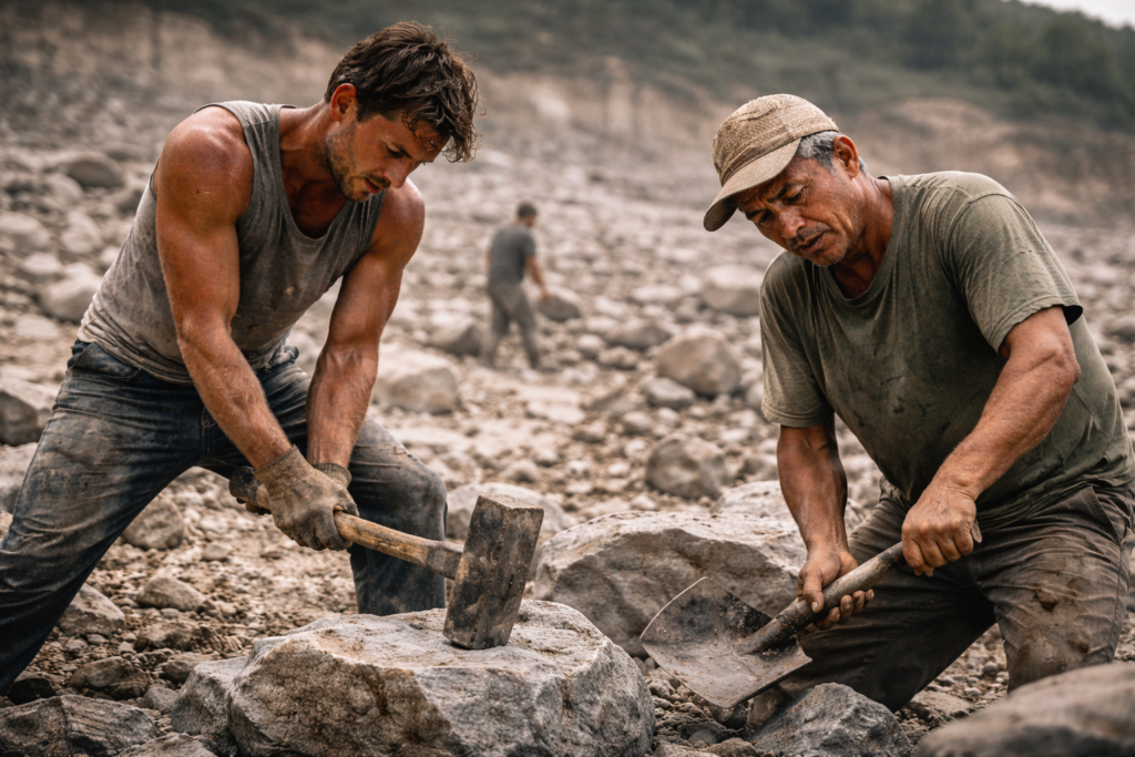 Dois trabalhadores quebrando e removendo pedras em um terreno árido, repetindo gestos de esforço físico, simbolizando padrões que se reproduzem ao longo do tempo e carregam histórias do passado.