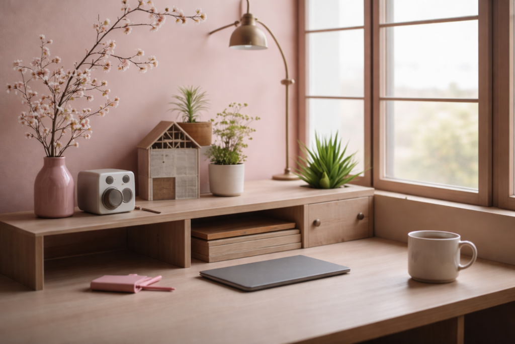 Mesa de trabalho organizada em um ambiente doméstico tranquilo, com objetos simples como xícara, caderno, plantas e decoração discreta, simbolizando escolhas cotidianas silenciosas e pequenas renúncias que, ao longo do tempo, moldam a identidade e o rumo da vida.