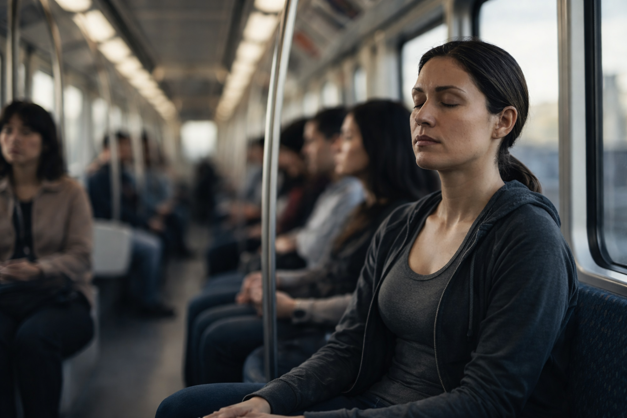 Mulher sentada em trem ou metrô com olhos fechados, expressando cansaço e desgaste do esforço diário.