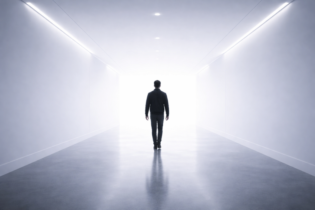 Pessoa caminhando sozinha em um corredor iluminado, simbolizando a renúncia silenciosa necessária para sustentar vínculos.