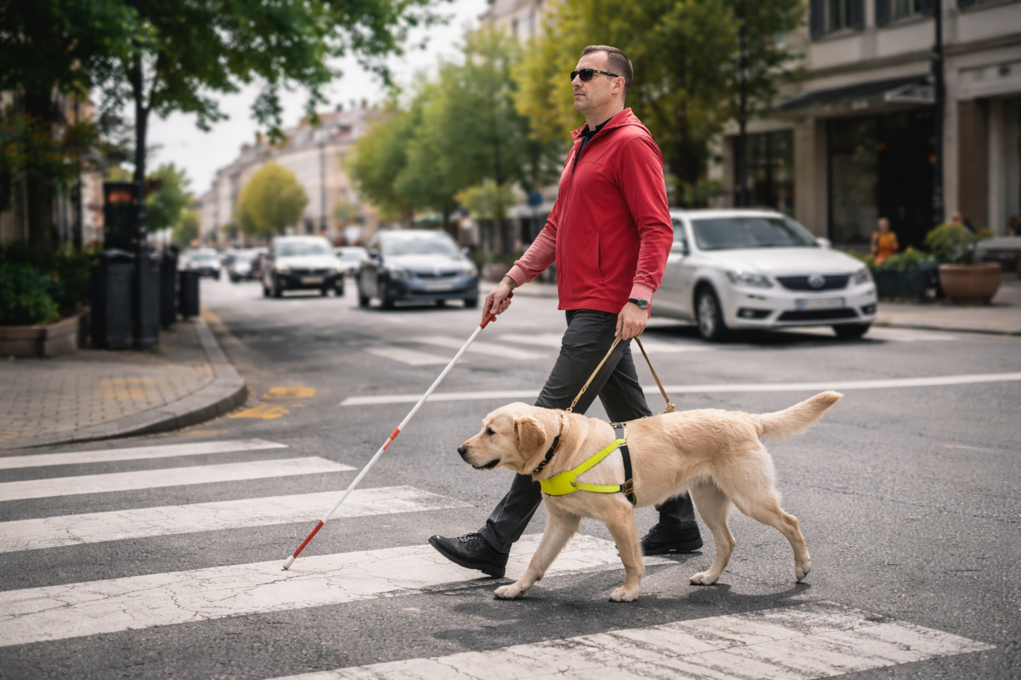 Homem guiando-se com cão de assistência ao atravessar a rua, ilustrando dependência como estrutura natural dos vínculos.