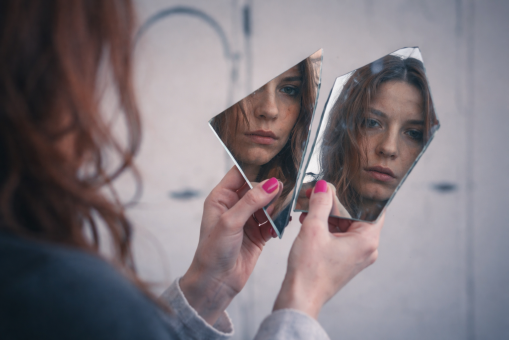 Mulher segurando espelho quebrado refletindo partes do próprio rosto, simbolizando a imagem interna que nunca é totalmente confirmada pelo outro.