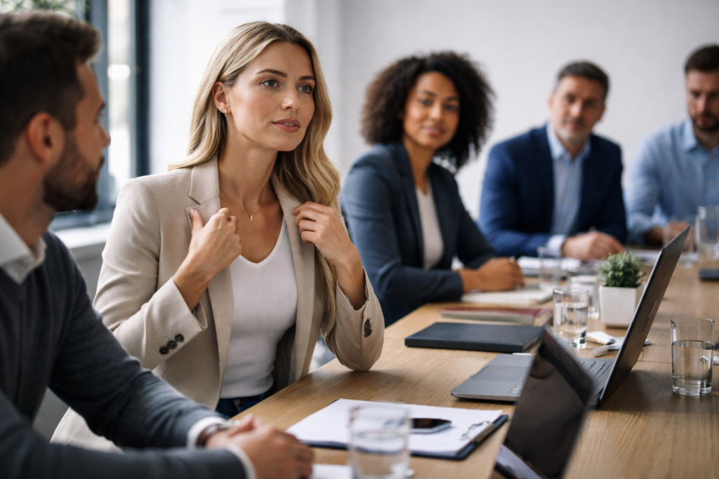 Mulher ajustando o próprio blazer enquanto participa de uma reunião profissional, com outras pessoas ao redor da mesa, simbolizando como pertencer a um grupo ou contexto social exige adaptações, posturas e ajustes pessoais constantes.