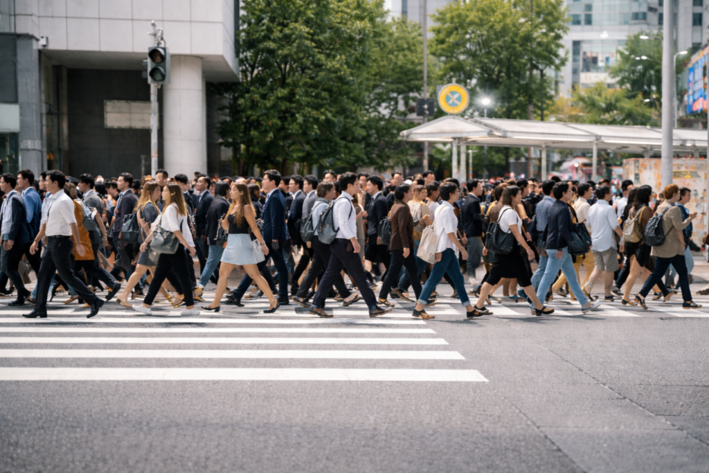 Multidão caminhando pela cidade em movimento coordenado, representando os ajustes invisíveis exigidos pelo pertencimento.