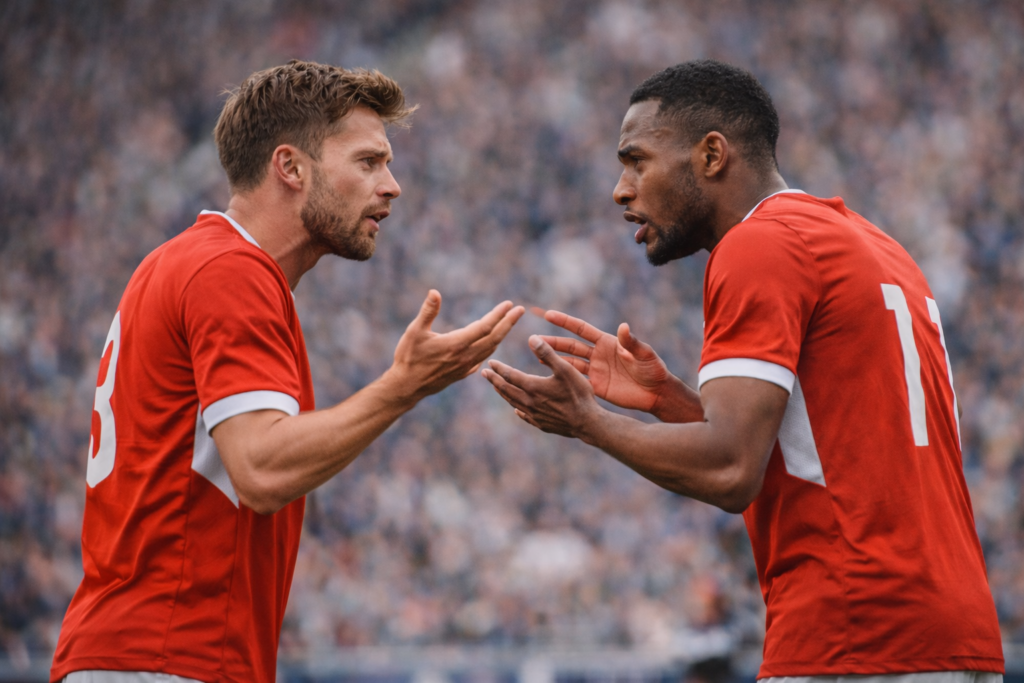 Dois jogadores de futebol frente a frente discutindo em campo, expressando tensão e conflito aberto entre pessoas.