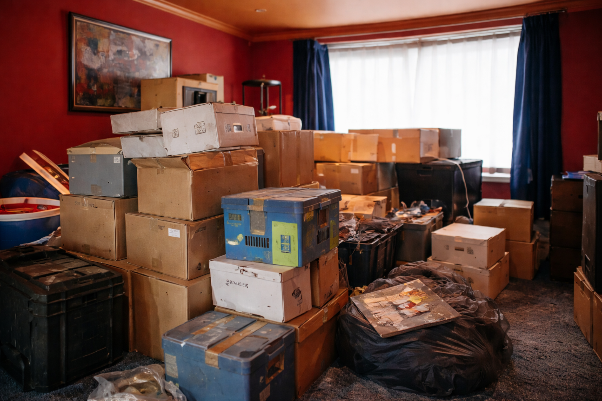 Quarto cheio de caixas e objetos acumulados, simbolizando os restos e marcas que uma relação deixa ao longo do tempo.