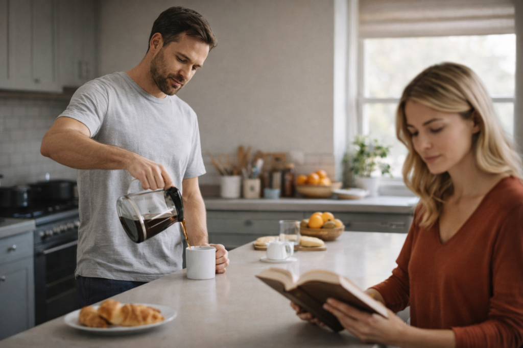 Casal em uma cozinha pela manhã, homem servindo café enquanto a mulher lê um livro em silêncio, em ambiente doméstico tranquilo, simbolizando gestos cotidianos, convivência silenciosa e a manutenção discreta dos vínculos ao longo do tempo.