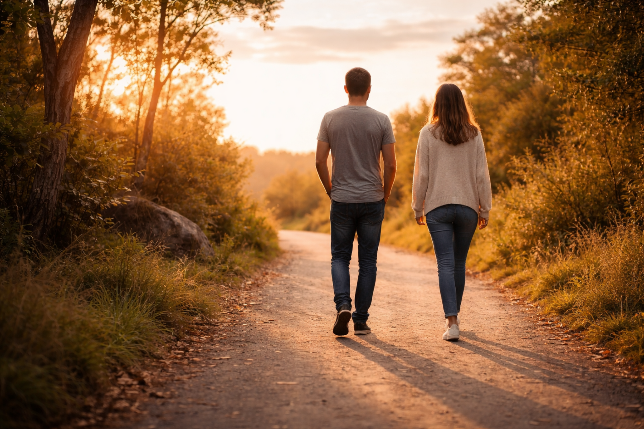 Casal caminhando por estrada arborizada ao pôr do sol, representando pequenos gestos que orientam silenciosamente um vínculo.