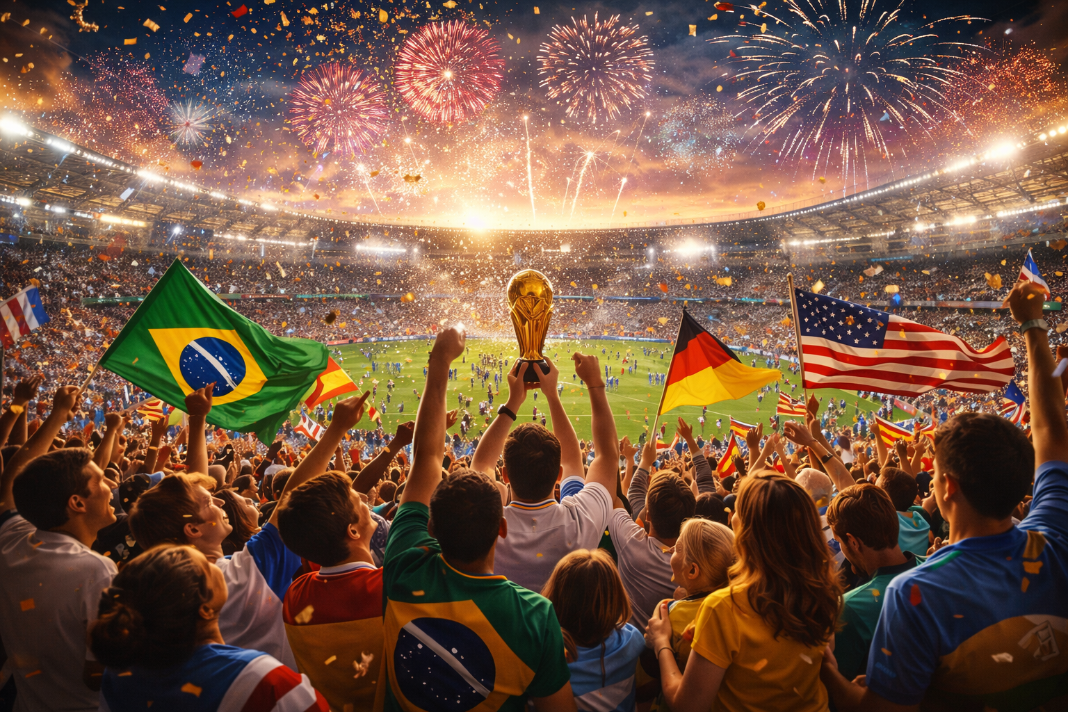 Multidão em estádio celebrando com bandeiras e fogos de artifício, representando união coletiva e emoção compartilhada.