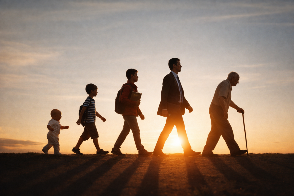 Silhueta de pessoas em diferentes idades caminhando em fila ao pôr do sol, representando as fases da vida.