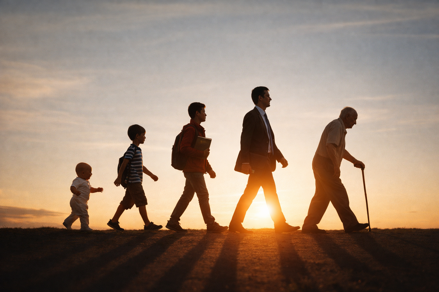 Silhueta de pessoas em diferentes idades caminhando em fila ao pôr do sol, representando as fases da vida.