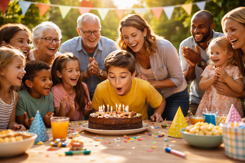 Grupo de pessoas de diferentes idades reunidas em torno de um bolo de aniversário, simbolizando celebração e convivência familiar.