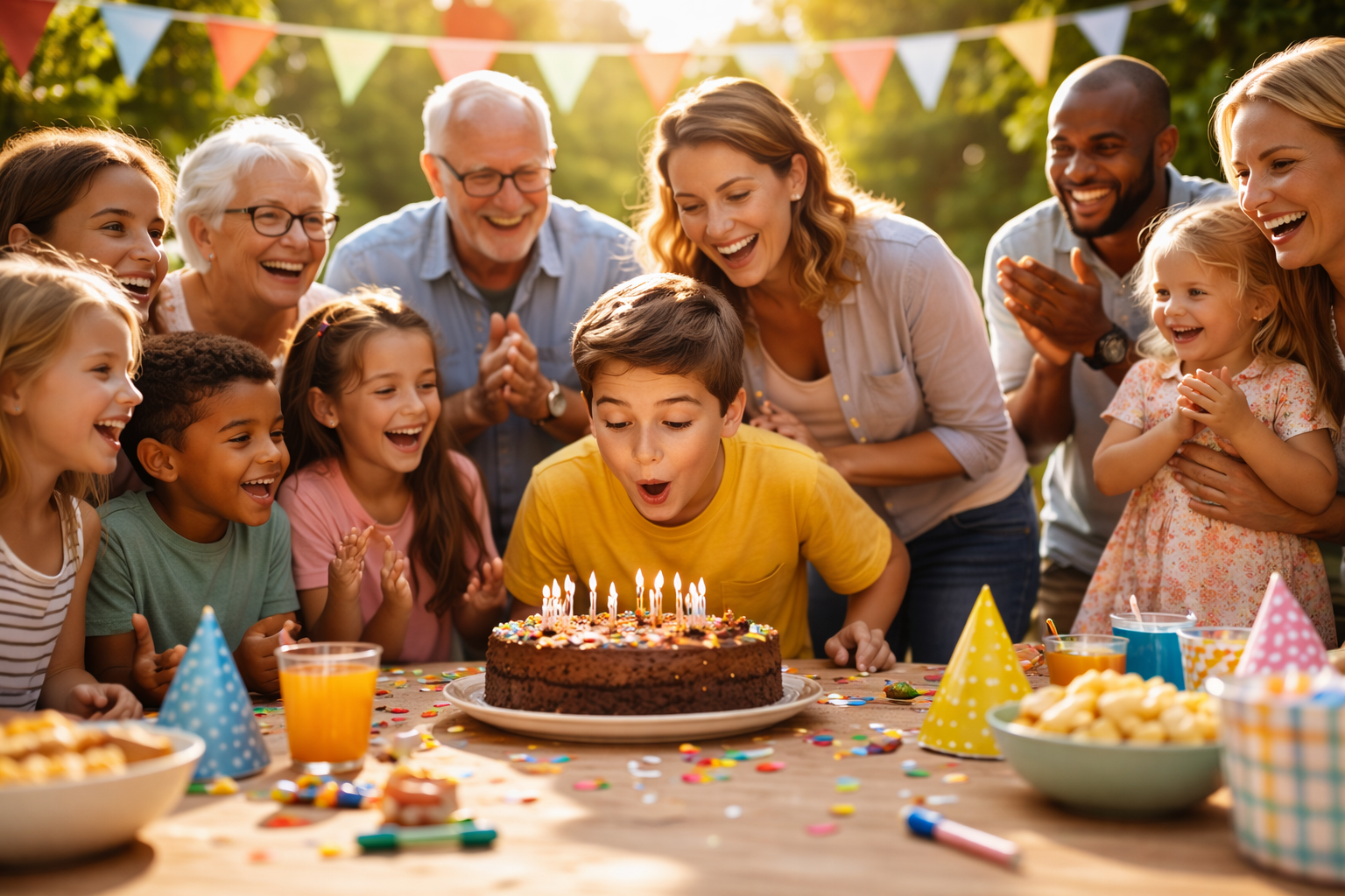 Grupo de pessoas de diferentes idades reunidas em torno de um bolo de aniversário, simbolizando celebração e convivência familiar.