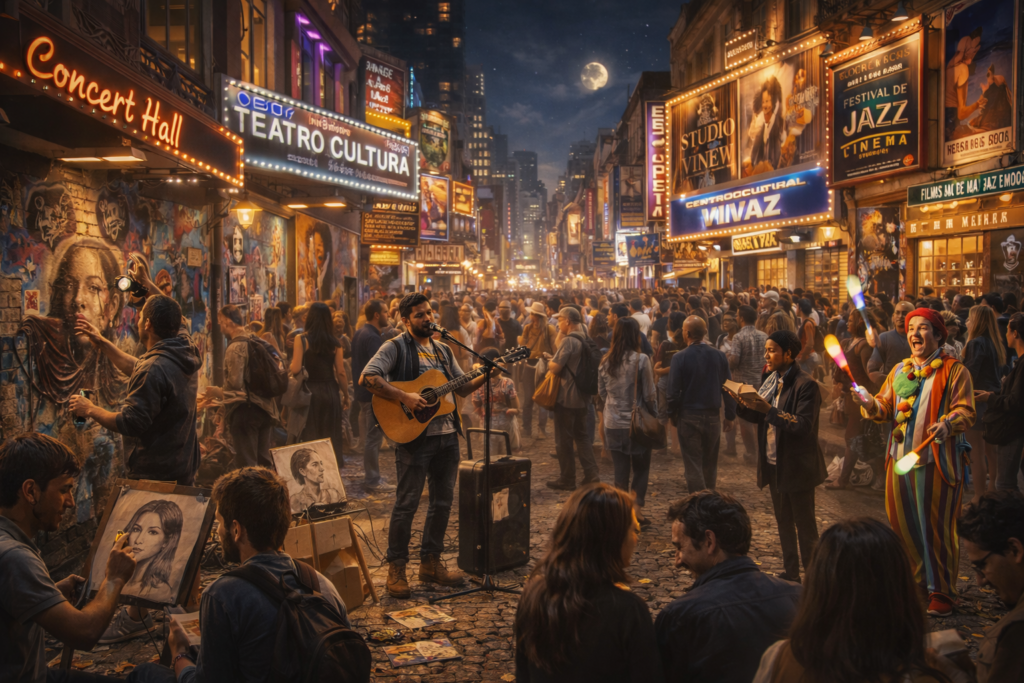 Rua cultural movimentada com músicos, artistas e público, ilustrando como o ambiente coletivo molda desejos e orienta escolhas individuais.