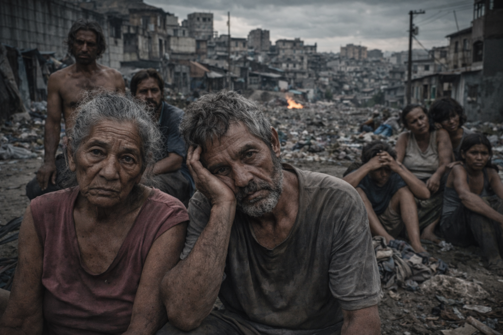 Pessoas exaustas sentadas em meio à precariedade urbana extrema, simbolizando o sofrimento que se torna invisível quando é naturalizado pelo sistema social.