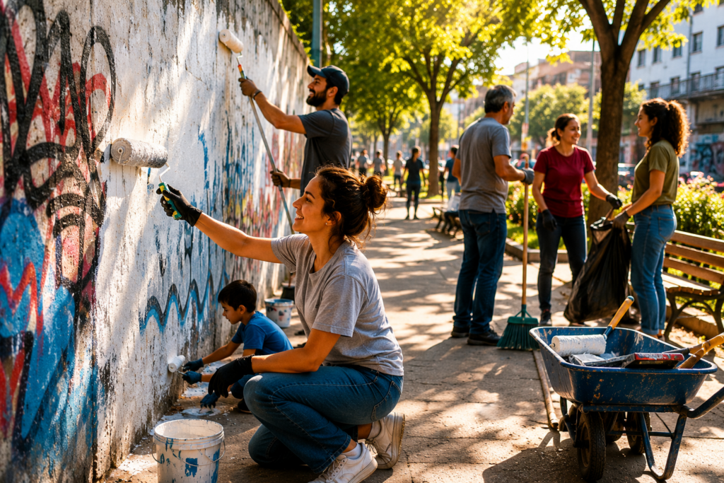 Pessoas trabalham juntas na revitalização de um espaço público, pintando um muro pichado e colaborando para tornar o ambiente urbano mais cuidado e acolhedor.