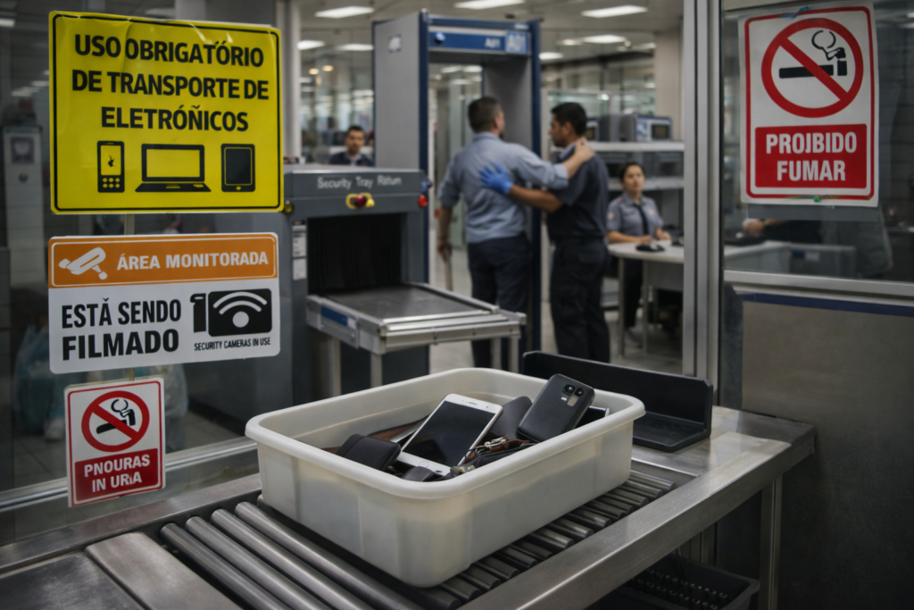Objetos pessoais passam por controle de segurança sob placas de vigilância e proibição, simbolizando que a liberdade opera dentro de limites definidos por sistemas externos.