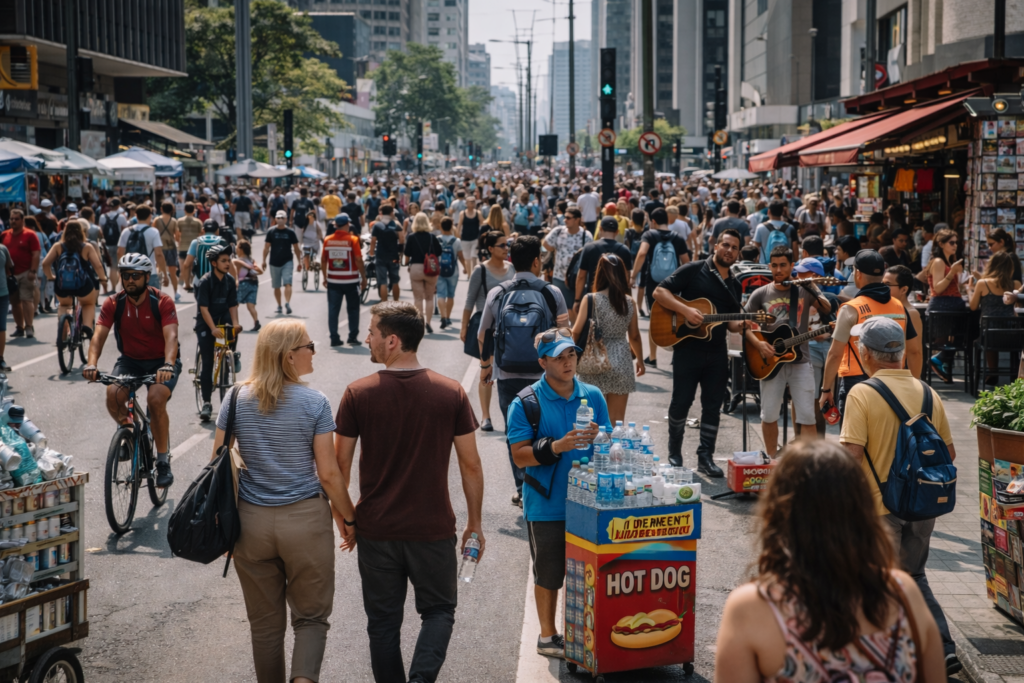 Multidão ocupa uma avenida urbana, evidenciando como cada indivíduo está inserido em um contexto social maior que organiza sua existência.