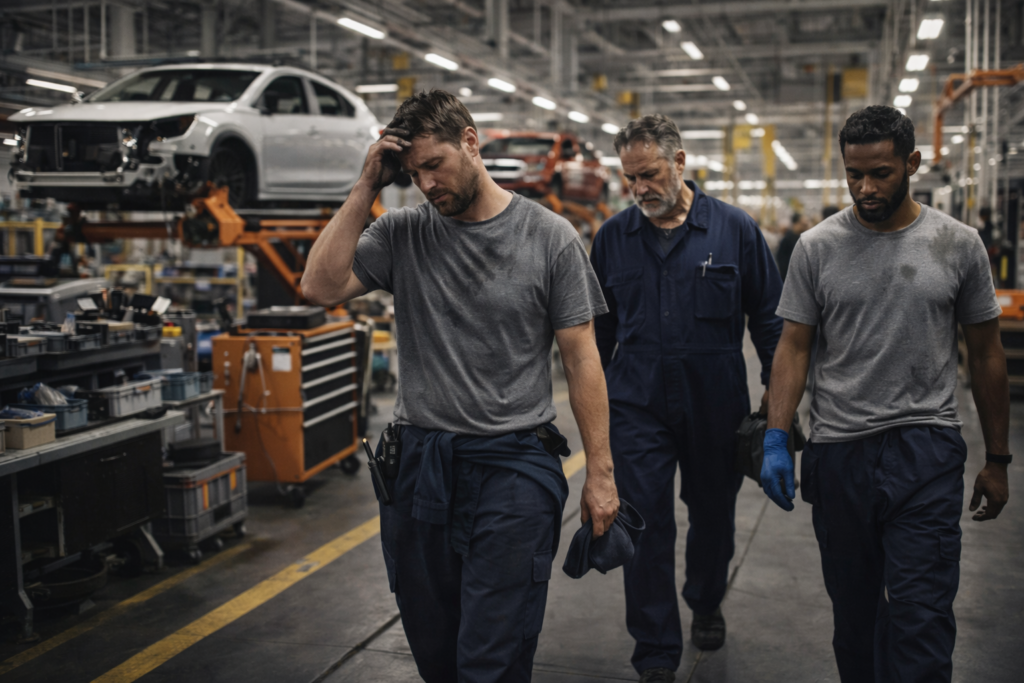 Trabalhadores caminham em silêncio dentro de uma fábrica automotiva após um turno intenso, com sinais visíveis de cansaço físico e desgaste acumulado.