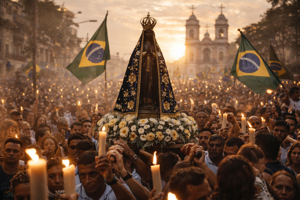 Multidão acompanha procissão religiosa carregando imagem sagrada e velas acesas, expressando a força coletiva dos valores transmitidos entre gerações.